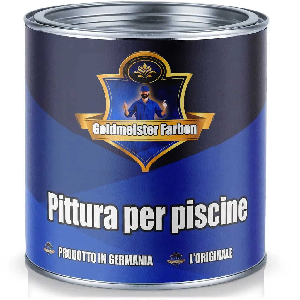 Lattina blu di vernice Goldmeister Farben per piscine, Made in Germany, con un operaio che fa il pollice in su.