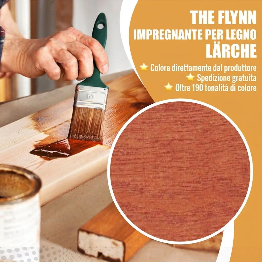 Mano applica impregnante per legno di larice Flynn con pennello su asse. In evidenza texture e barattolo di vernice.