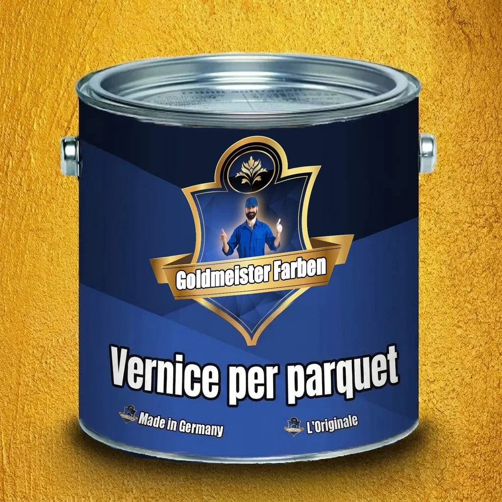 Barattolo blu di vernice per parquet Goldmeister Farben, con etichetta L'Originale e Made in Germany.