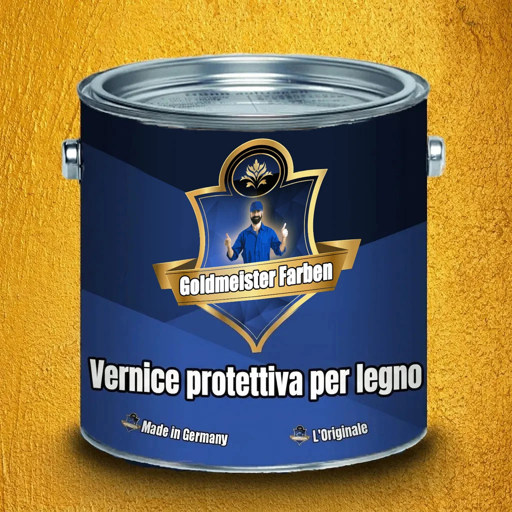 Barattolo blu di pittura protettiva per legno Goldmeister Farben con etichetta tedesca.