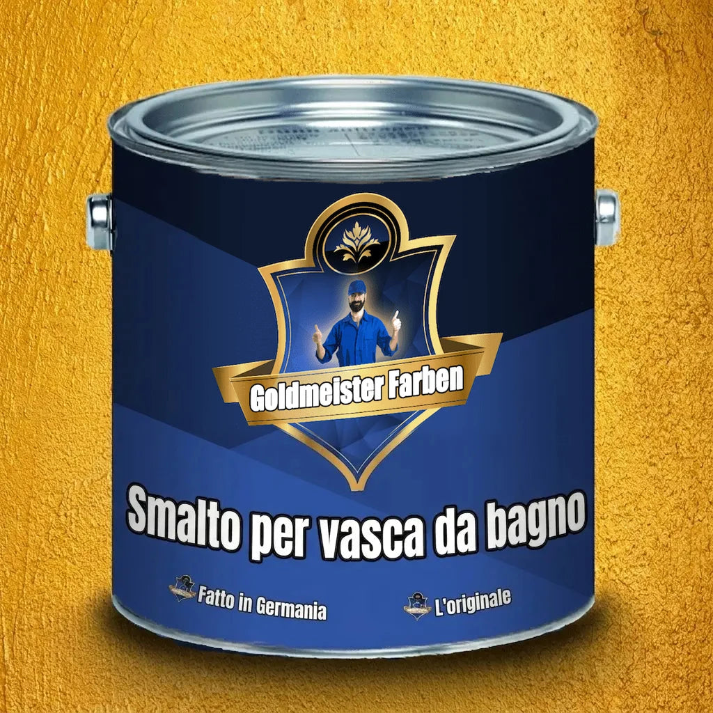 Lattina di vernice blu Goldmeister Farben per vasche da bagno, con etichetta dorata e scritta in tedesco.