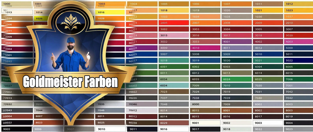 Tabella colori Goldmeister Farben con codici RAL e una persona sorridente che mostra le tonalità.