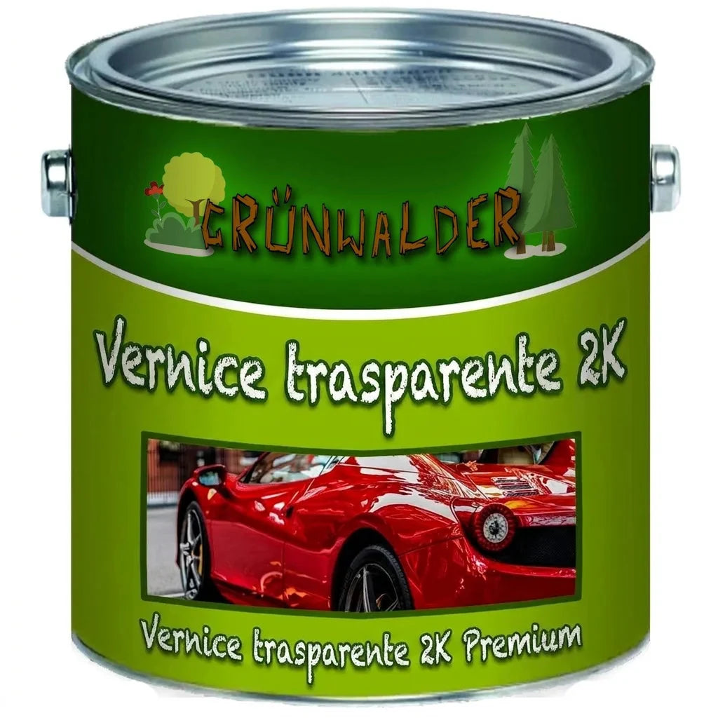 Lattina di vernice trasparente 2K Grünwalder premium, ideale per auto e finiture lucide.