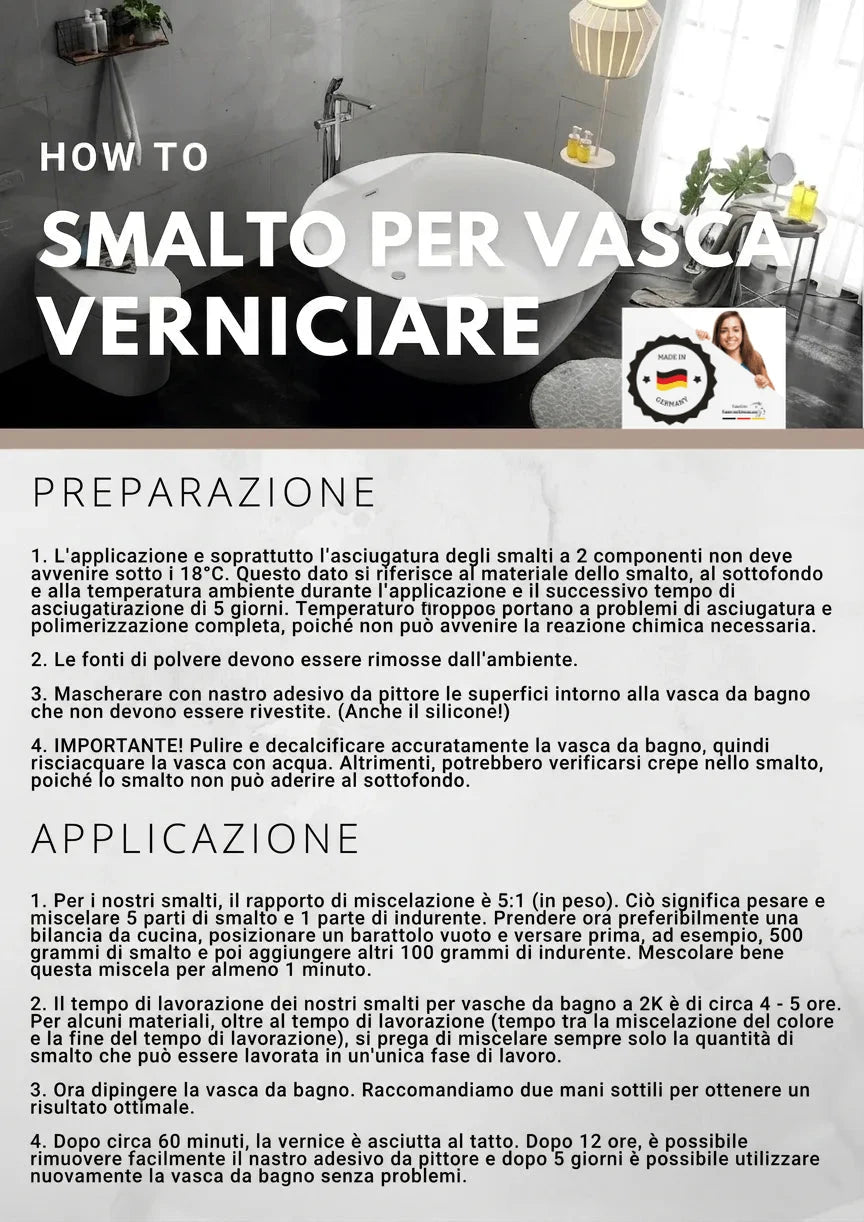 Istruzioni dettagliate per verniciare una vasca da bagno, con fasi di preparazione e applicazione del prodotto.