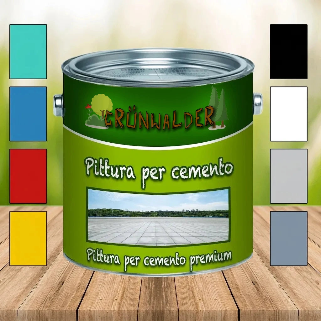 Lattina di vernice premium per cemento Grünwalder, vari colori: blu, rosso, giallo, nero, bianco, grigio.