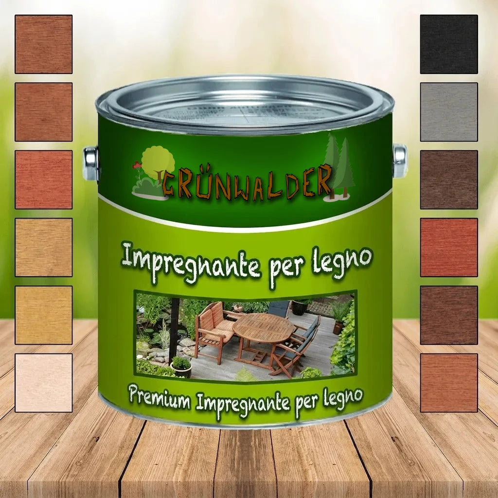 Barattolo di impregnante premium per legno Grünwalder con campioni di colore e arredi da esterno.