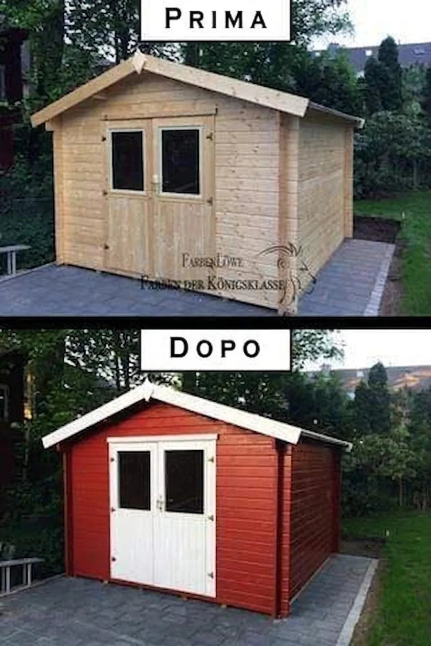 Capanno da giardino in legno prima e dopo la verniciatura: prima in legno naturale, dopo rosso con porte bianche.