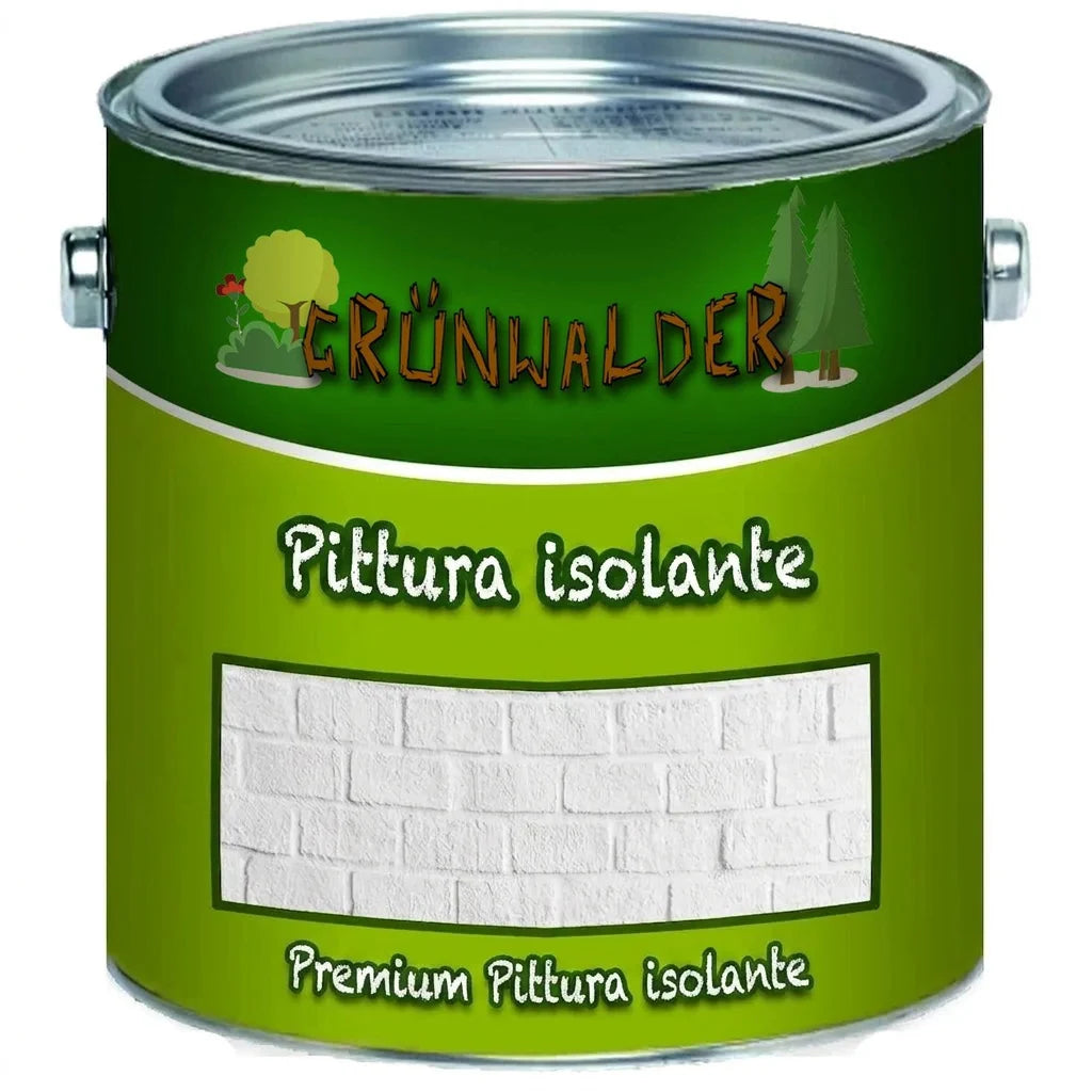 Lattina di vernice isolante premium Grünwalder di colore verde con campione di texture a mattoni bianchi.