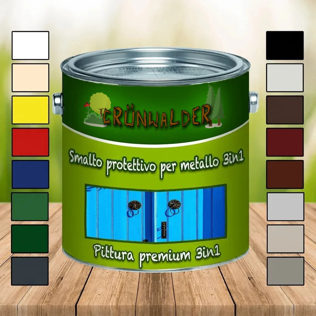 Barattolo di vernice protettiva per metalli Grünwalder 3in1 con etichetta verde e campioni di colore.