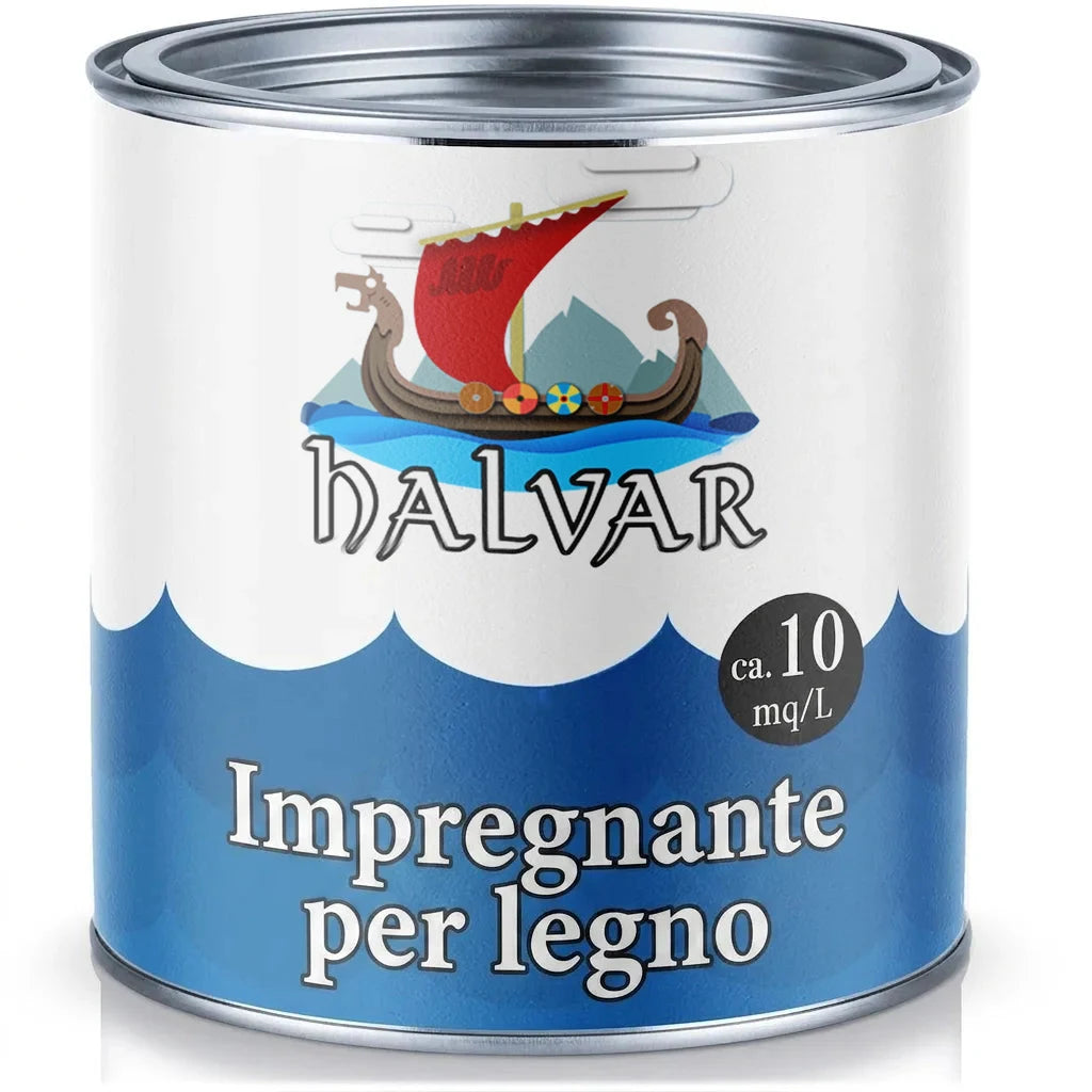 Lattina di impregnante per legno HALVAR, con logo nave vichinga, indicazione di copertura 10 mq/L.