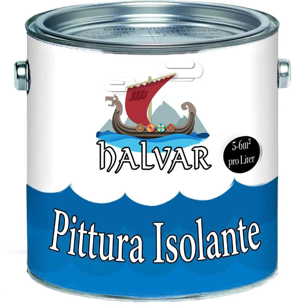 Lattina di vernice isolante Halvar con un'imbarcazione vichinga e copertura di 5-6 mq per litro.