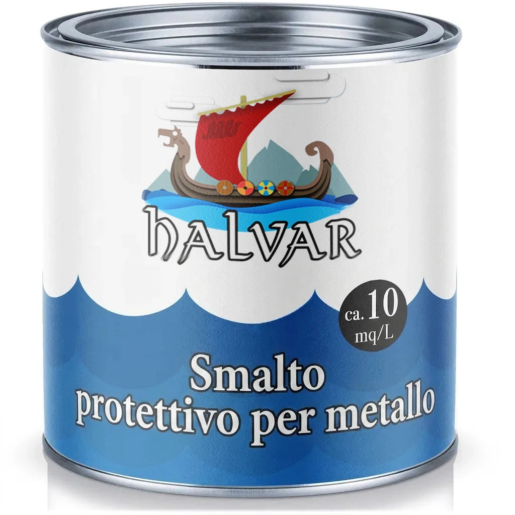 Barattolo di vernice protettiva per metallo Halvar, con nave vichinga e copertura di circa 10 mq/L.