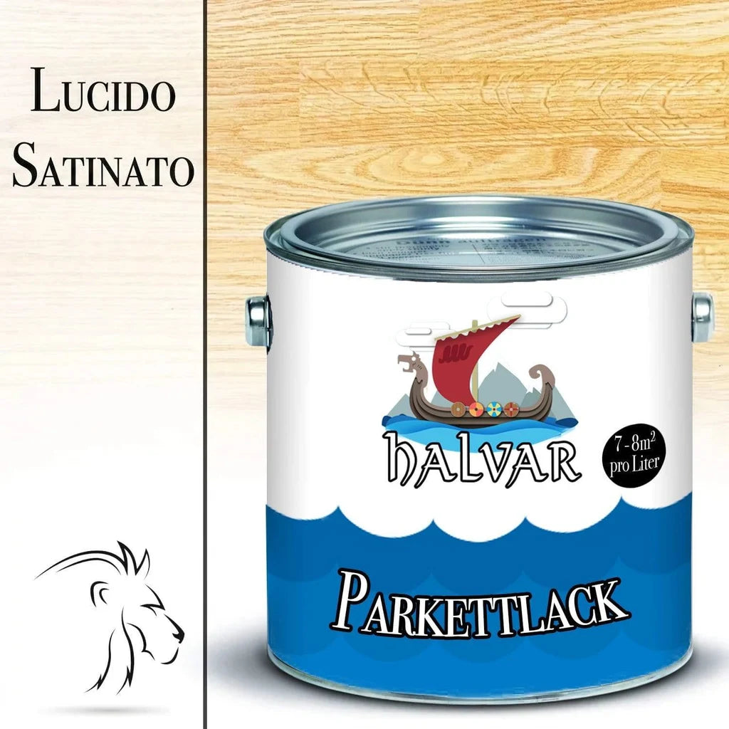 Lattina di vernice "Halvar Parkettlack" con nave vichinga, su sfondo in legno. A sinistra: "Lucido Satinato".