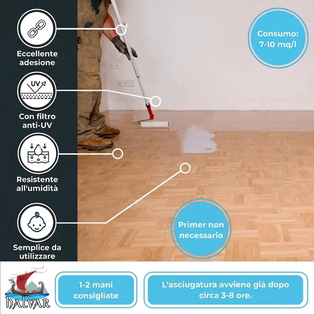Vernice per pavimenti con protezione UV, alta adesione e resistenza all'umidità. Facile applicazione senza primer.