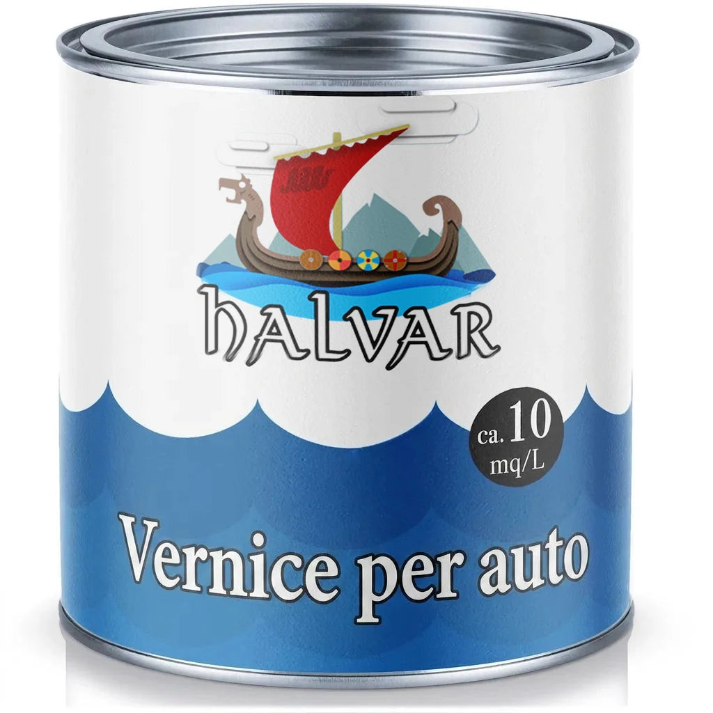 Barattolo di vernice per auto Halvar con logo nave vichinga, copertura circa 10 mq/L.