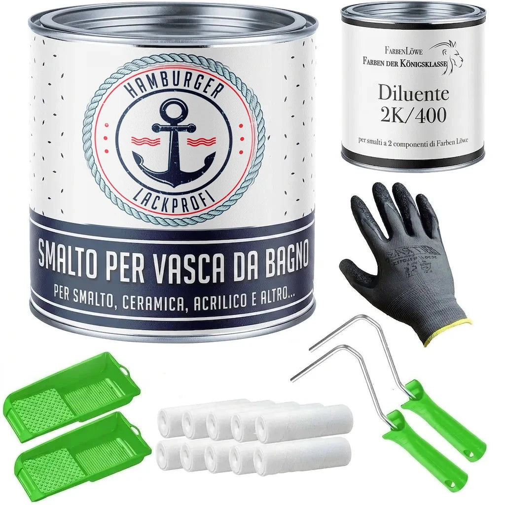 Kit completo per ristrutturazione vasca da bagno: smalto, diluente 2K, guanti, rulli e vaschette.