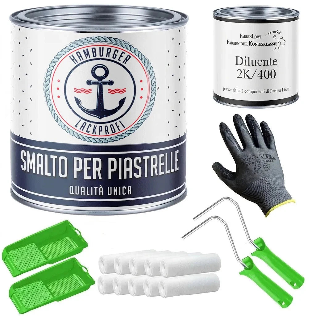 Kit verniciatura piastrelle professionale: smalto, diluente, rulli, vaschette, guanti da lavoro.