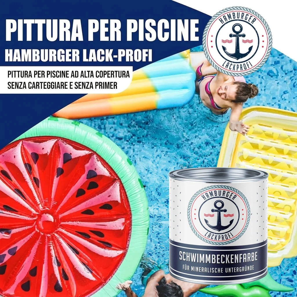 Pittura per piscine Hamburger Lack-Profi. Lattina di vernice "SCHWIMMBECKENFARBE" in piscina con persone.