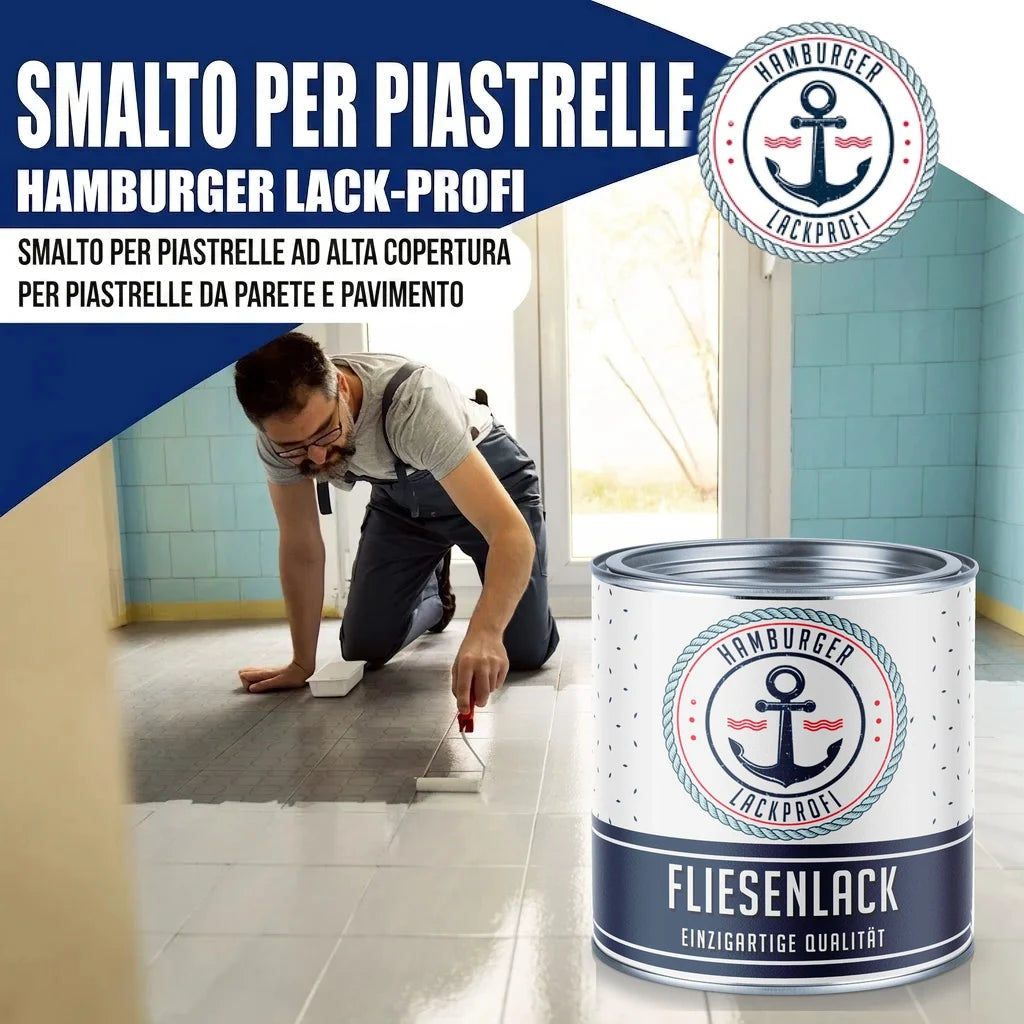 Uomo che dipinge piastrelle con smalto "Hamburger Lack-Profi Fliesenlack", lattina in primo piano.