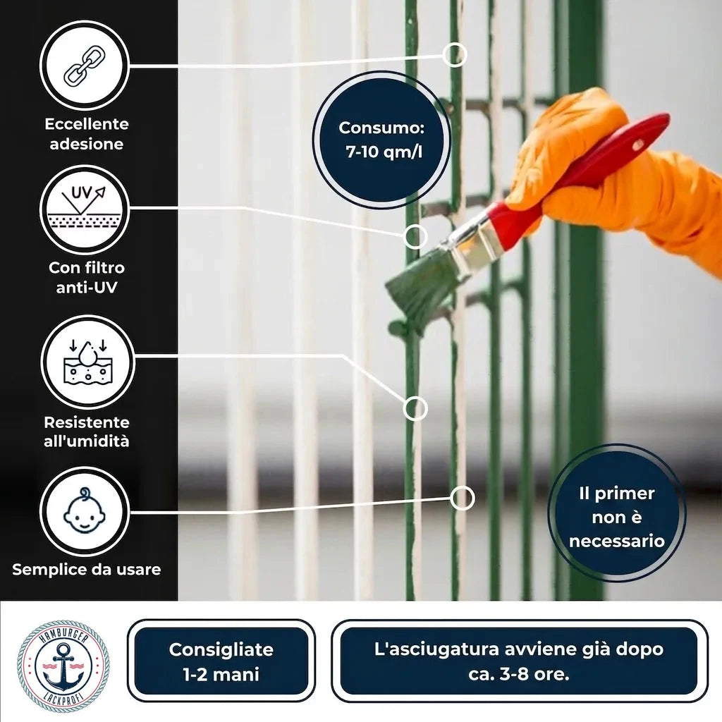 Vernice verde per recinzioni in metallo, con protezione UV, resistente all'umidità, facile da usare e asciugatura rapida.