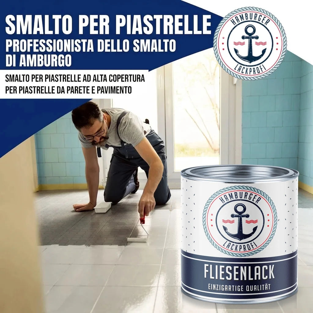 Uomo che vernicia piastrelle con "FLIESENLACK" di Hamburger Lackprofi. Smalto per piastrelle ad alta copertura.