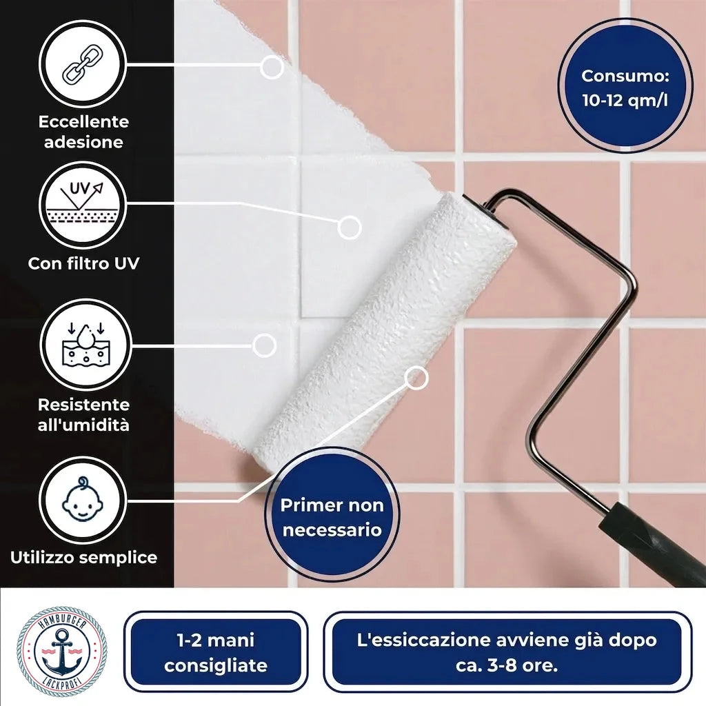 Vernice piastrelle bianca con caratteristiche: alta aderenza, protezione UV, resistente umidità, senza primer. Facile uso.
