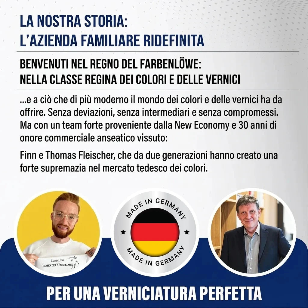Due uomini e testo tedesco su Farbenlöwe, un'azienda familiare di vernici e colori 'Made in Germany'.