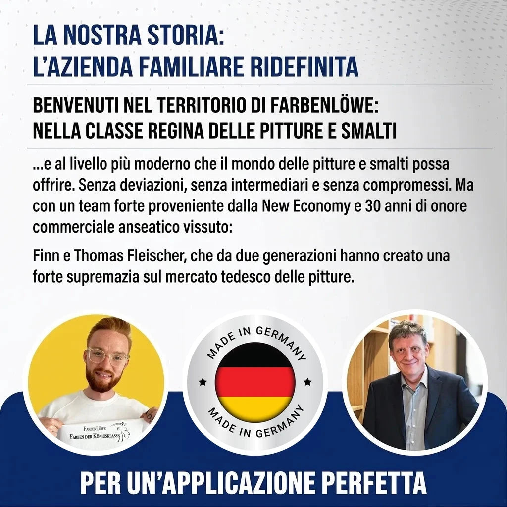 Grafico azienda familiare tedesca, colori e vernici. Fondatori Finn e Thomas Fleischer. Qualità 'Made in Germany'.