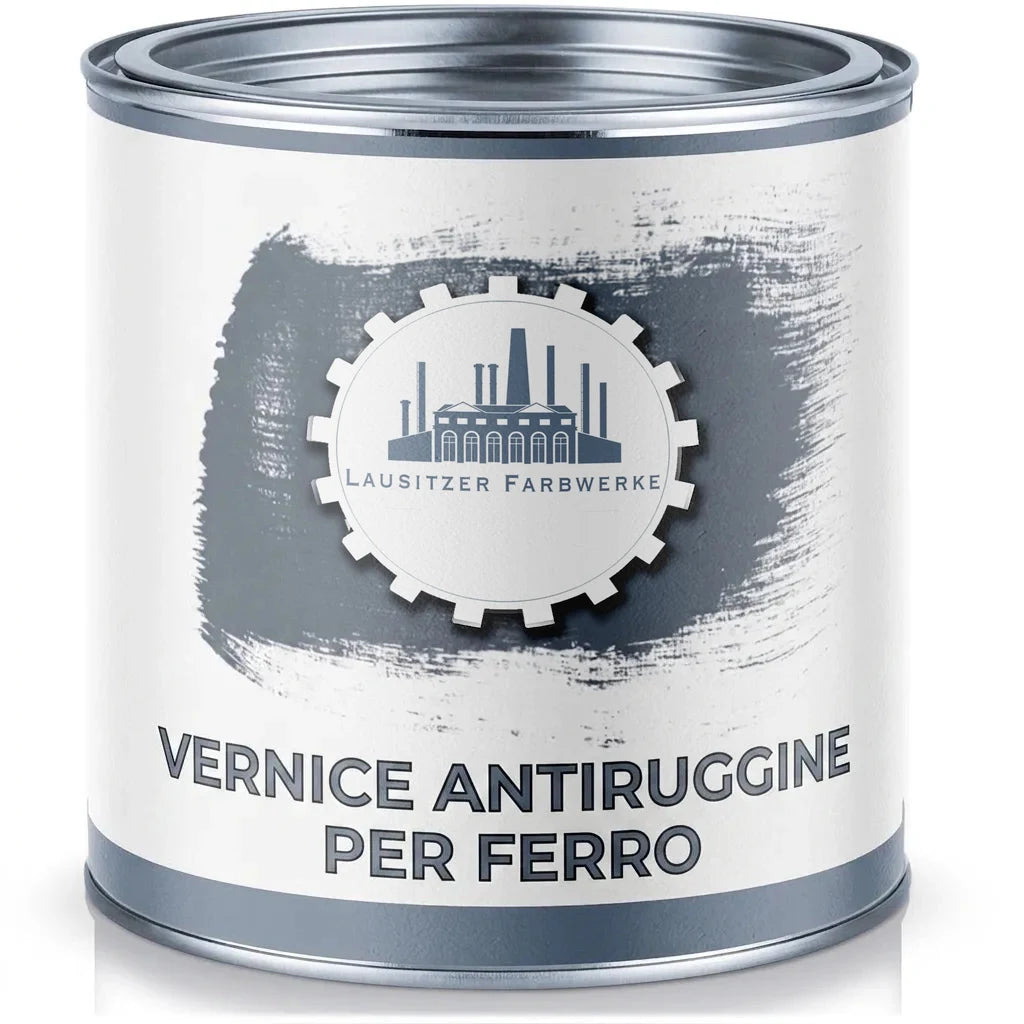 Barattolo di vernice protettiva grigia per metallo del marchio Lausitzer Farbwerke.