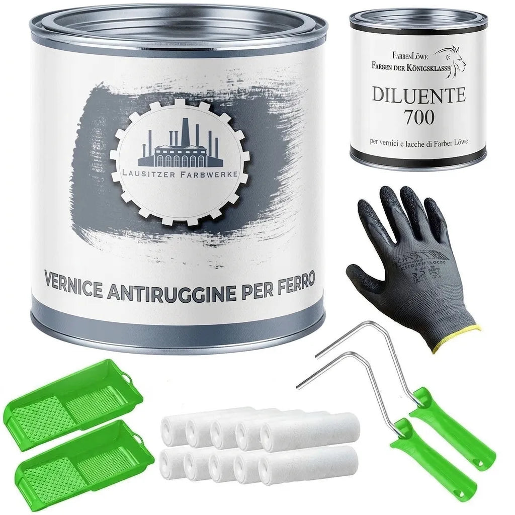 Vernice protettiva grigia per metallo, diluente, guanti, rulli e vassoi. Set completo per lavori di pittura.