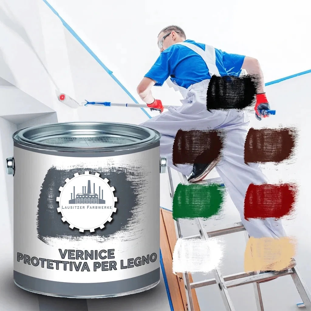 Vernice protettiva per legno in lattina con pittore su scala, mostra i campioni di colore.