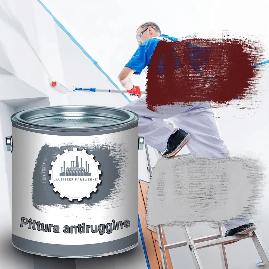 Latta di vernice antiruggine Lausitzer Farbwerke in primo piano con pittore che dipinge una parete bianca.