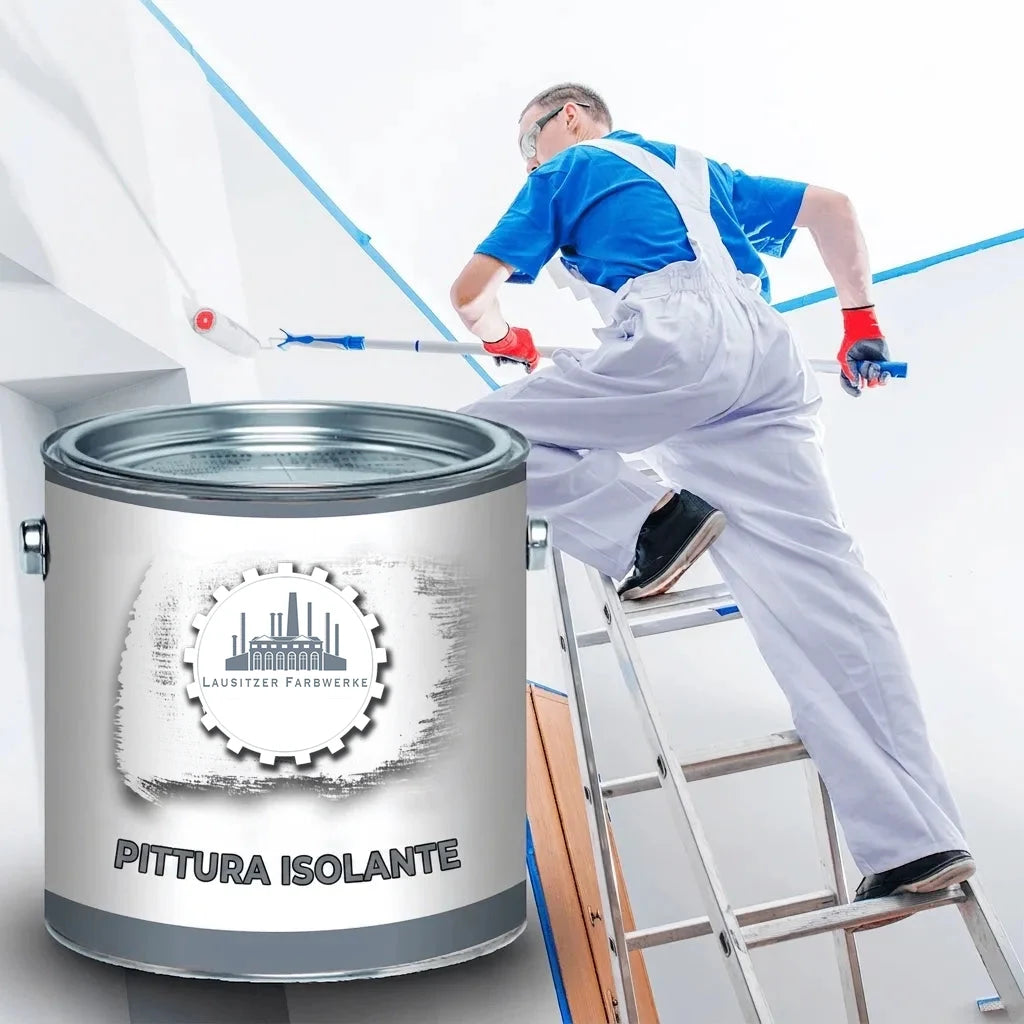 Pittore su scala vernicia una parete bianca con pittura isolante Isolierfarbe di Lausitzer Farbwerke.