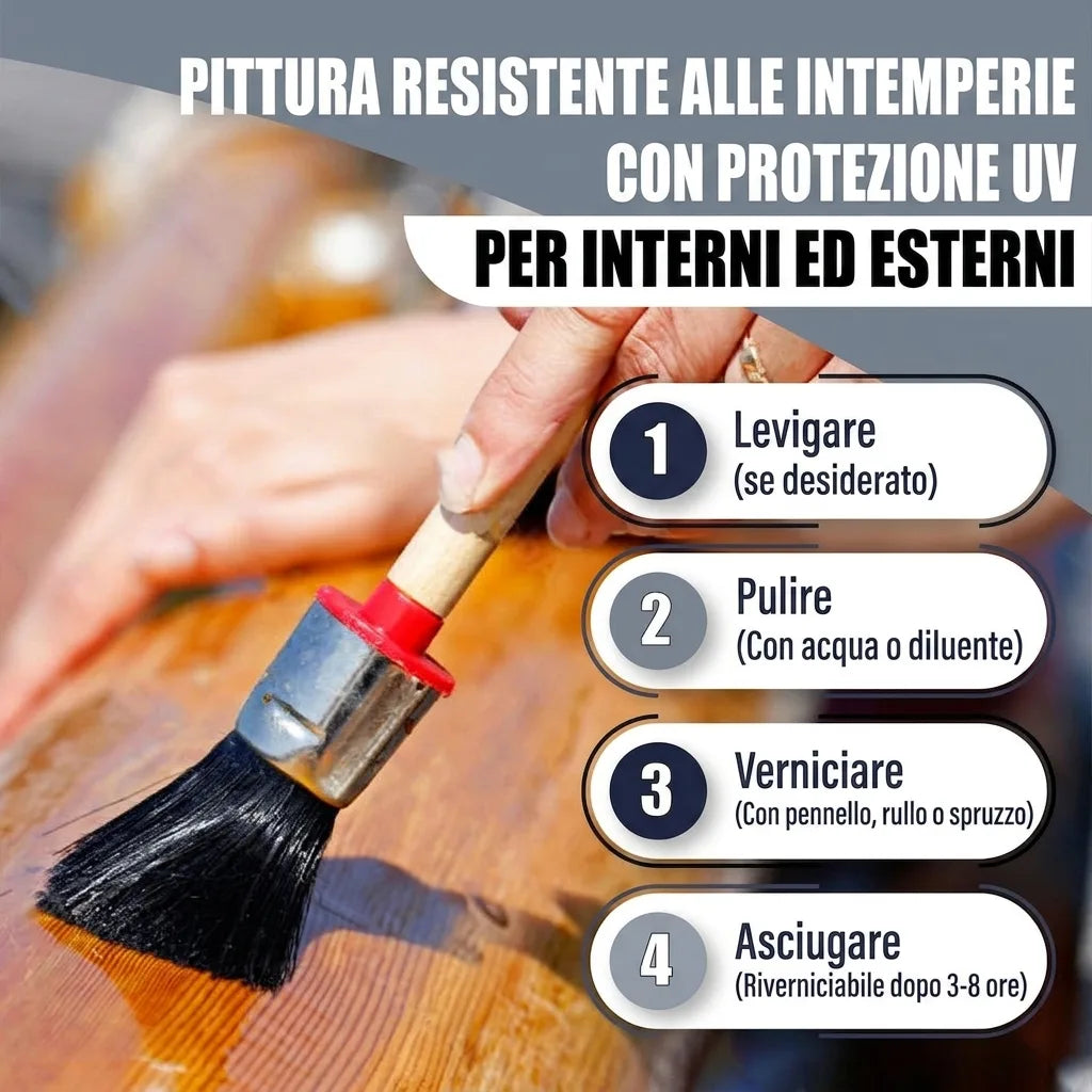 Donna applica vernice resistente alle intemperie con protezione UV su legno, con istruzioni per interni/esterni.