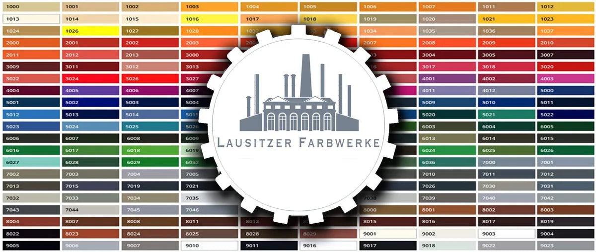 Mazzetta colori RAL completa con campioni numerati e logo Lausitzer Farbwerke, per selezione di tinte e vernici.