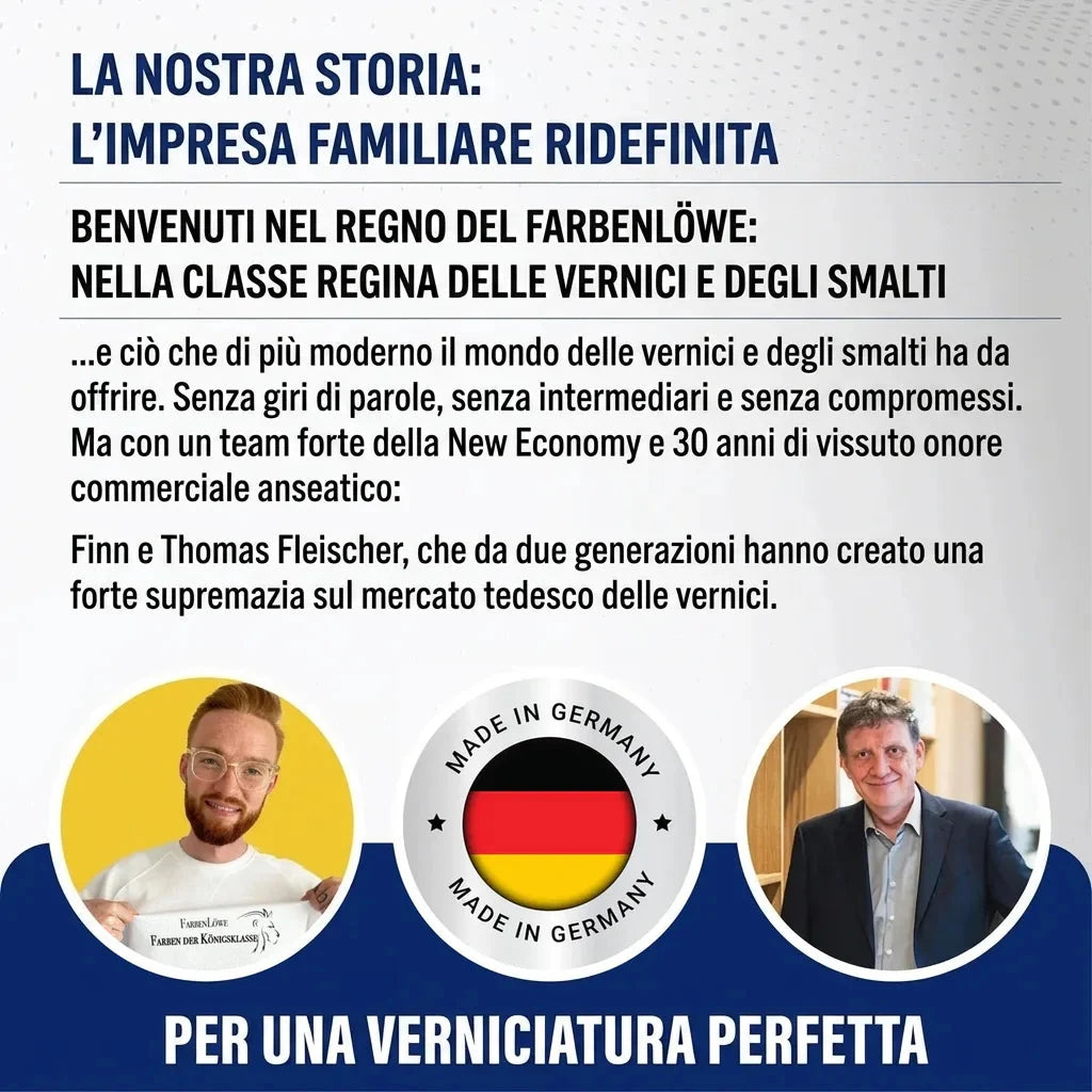 Storia di FarbenLöwe, pittura di qualità superiore Made in Germany. Ridefinire l'impresa familiare. Ritratto di Finn e Thomas Fleischer.