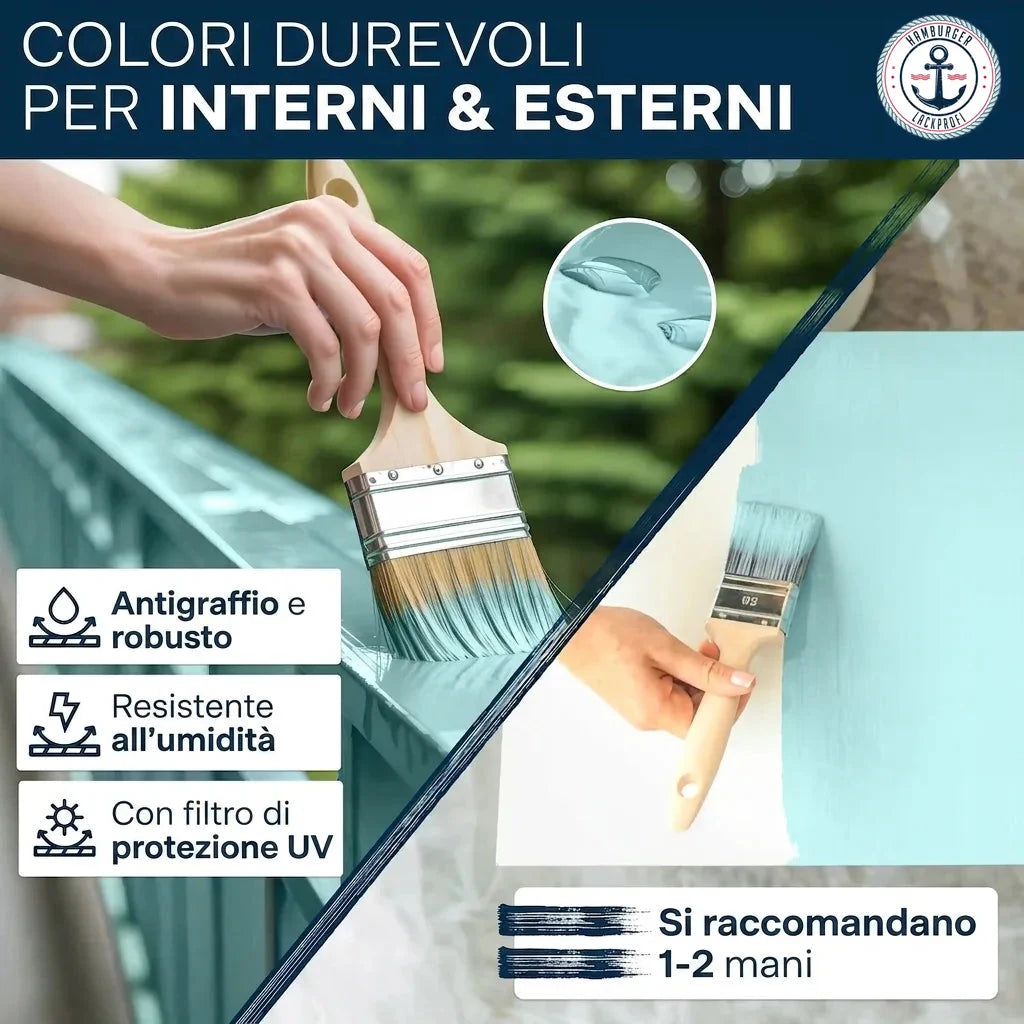 Pittura blu duratura per interni ed esterni, resistente a graffi, umidità, UV. Si consigliano 1-2 mani.