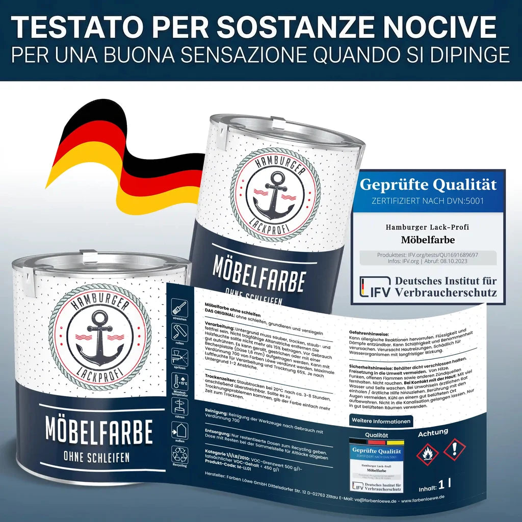 Lattine di vernice "MÖBELFARBE" di "HAMBURGER LACK-PROFI" con bandiera tedesca, certificato "Geprüfte Qualität".