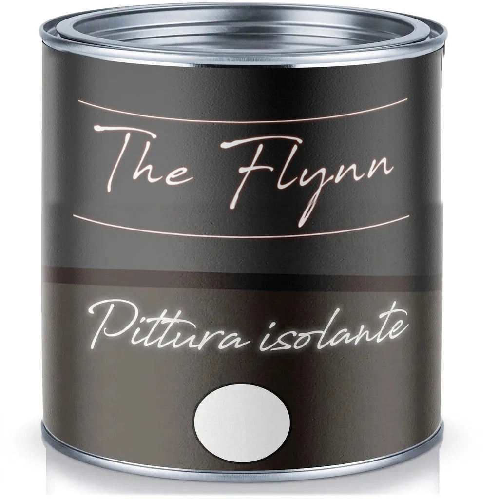Lattina di vernice isolante scura The Flynn con campione colore bianco.